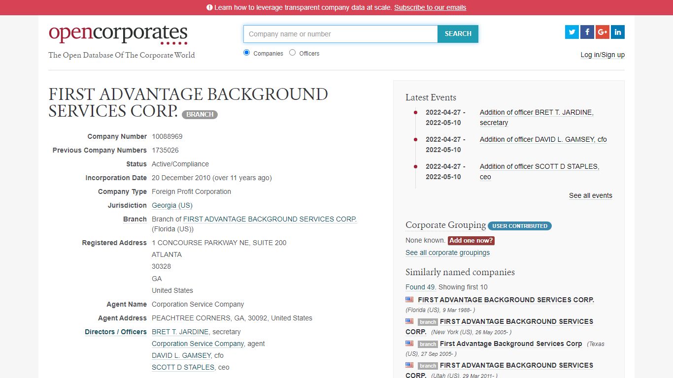 FIRST ADVANTAGE BACKGROUND SERVICES CORP. :: Georgia (US) - OpenCorporates