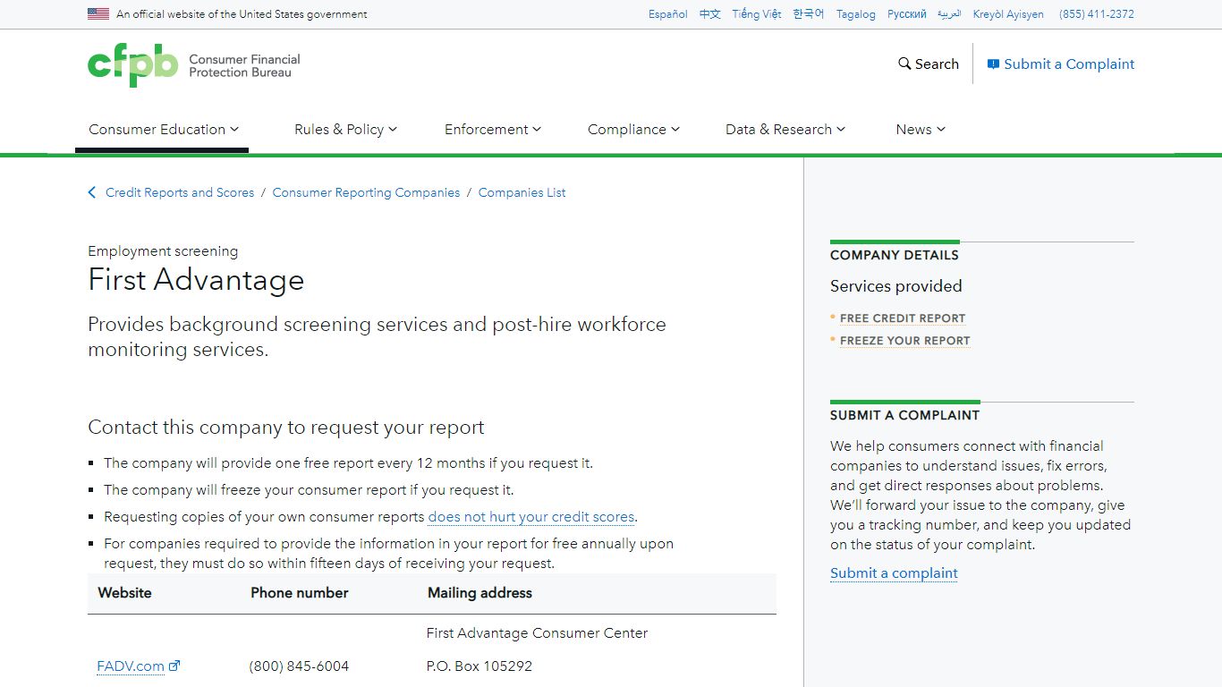 First Advantage | Consumer Financial Protection Bureau